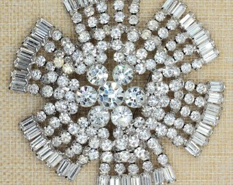 VINTAGE Massive Rhinestone Snowflake Brooch • 3.5 Inch Crystal Starburst Pin • Hollywood Regency Evening Jewelry