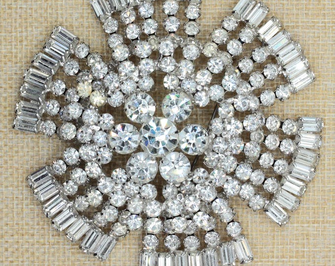 VINTAGE Massive Rhinestone Snowflake Brooch • 3.5 Inch Crystal Starburst Pin • Hollywood Regency Evening Jewelry