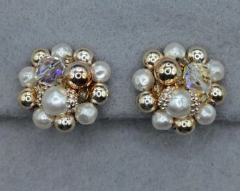 VINTAGE Faux Pearl & Aurora Borealis Crystal Cluster Clip On Earrings, Gold Tone Beaded Earrings, Mid Century Cocktail Jewelry