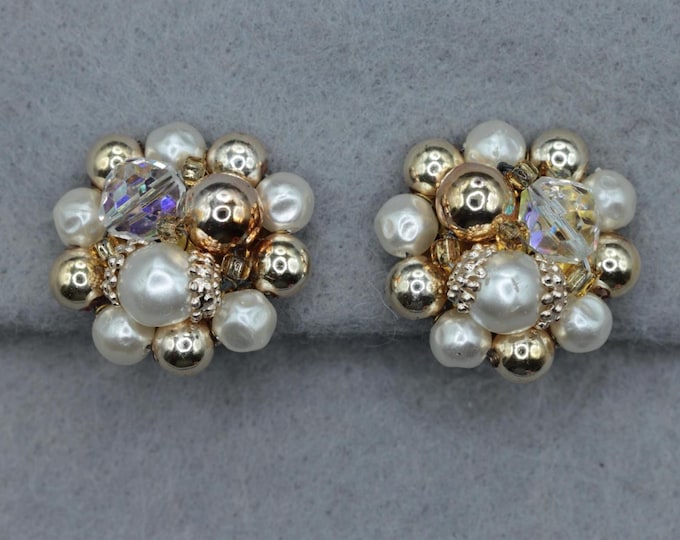 VINTAGE Faux Pearl & Aurora Borealis Crystal Cluster Clip On Earrings, Gold Tone Beaded Earrings, Mid Century Cocktail Jewelry