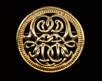 VINTAGE Gold-Tone Filigree Brooch with Mid Century Monogram Motif