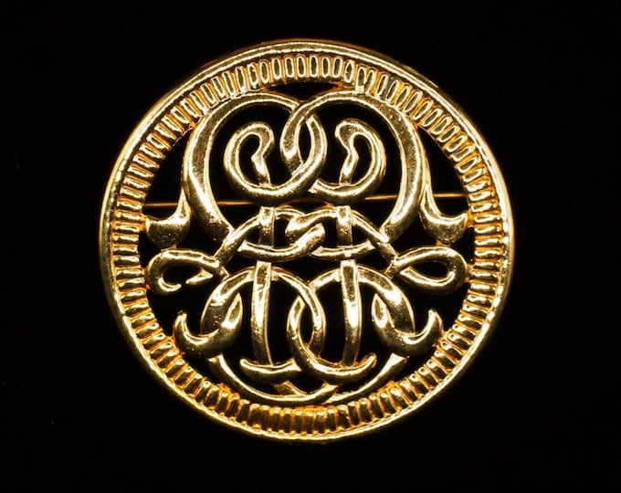 VINTAGE Gold-Tone Filigree Brooch with Mid Century Monogram Motif