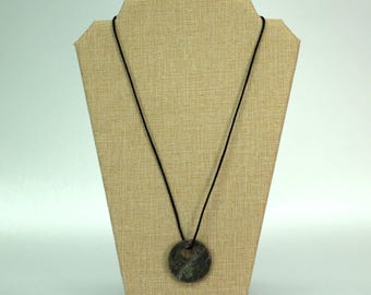 VINTAGE Natural Stone Donut Pendant Necklace. Green Stone Pi Disc. Satin Cord Necklace. Minimalist Jewelry