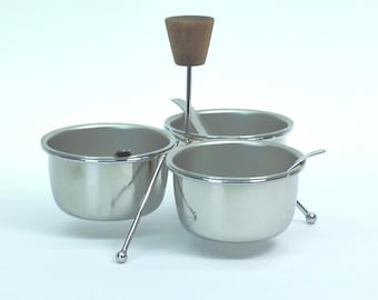 Mid Century Condiment Server – Stainless Steel 3 Bowl Set w/ Stand & Spoons