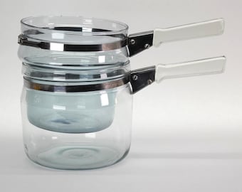 VINTAGE Pyrex Flameware Glass Double Boiler 2 Piece Cookware Set Clear Handles Made in USA