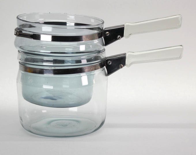 VINTAGE Pyrex Flameware Glass Double Boiler 2 Piece Cookware Set Clear Handles Made in USA