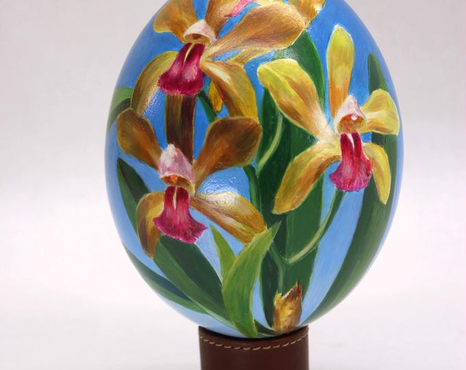 VINTAGE Hand-Painted Ostrich Egg. Phillipines Yellow Orchids.