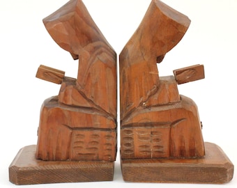 VINTAGE Hand Carved Wooden Bookends Reading Figures Pair 8 Inch Folk Art Library Decor