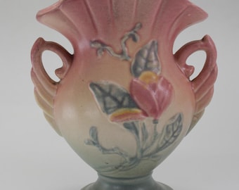 VINTAGE Hull Pottery Magnolia Vase W-12-6-1/2. Fan Top. Yellow, Pink & Teal Floral. Made in USA.