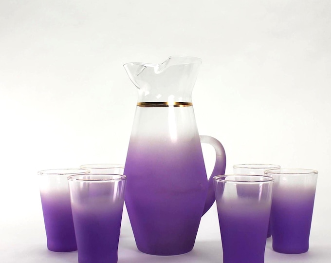 VINTAGE Blendo Purple Pitcher Set – 7 Pc Ombre Glassware with Gold Trim