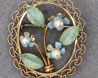 VINTAGE Krementz Enamel Forget Me Not Pearl Brooch