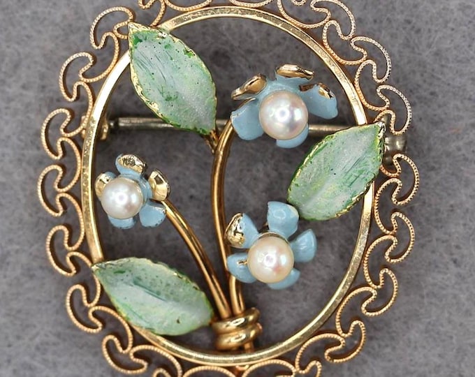 VINTAGE Krementz Enamel Forget Me Not Pearl Brooch