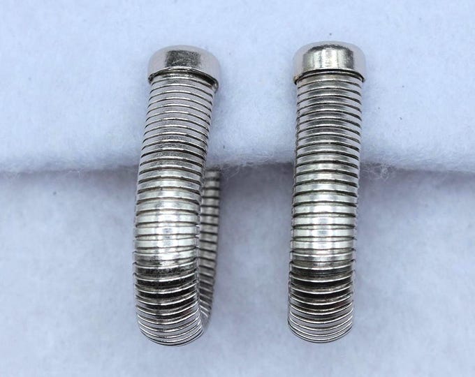 VINTAGE Silver Tone Coil Hoop Clip-On Earrings, Modernist Industrial Tube Earrings, Geometric Statement Jewelry