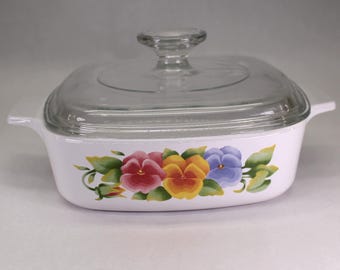 Vintage CorningWare Summer Blush 1 Liter Saucepan with Lid - 1990s Pansy Pattern