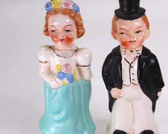 VINTAGE Bride and Groom Salt and Pepper Set. "Before and After."