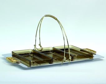 Vintage 1970s Canapé Server Relish Tray Set, Smoked Amber Plastic Dishes, Chrome Serving Tray with Handle
