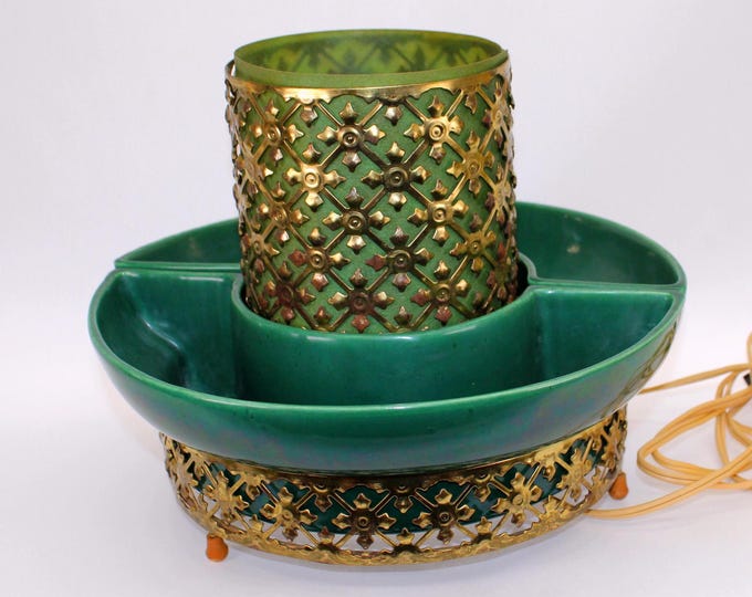 Vintage Sierra-Columbia TV Lamp: Green Pottery & Gold Metal, Mid-Century Lighting