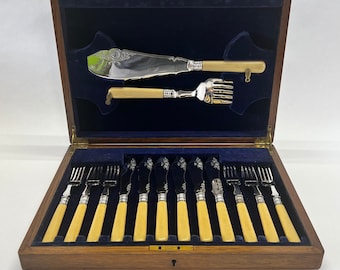 Vintage Faux Ivory and Silverplate Fish Serving Set in Wooden Box