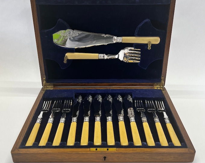 Vintage Faux Ivory and Silverplate Fish Serving Set in Wooden Box