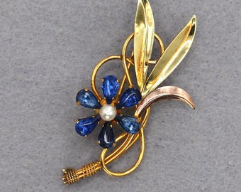 VINTAGE Van Dell 12K Gold Filled Blue Rhinestone Flower Brooch