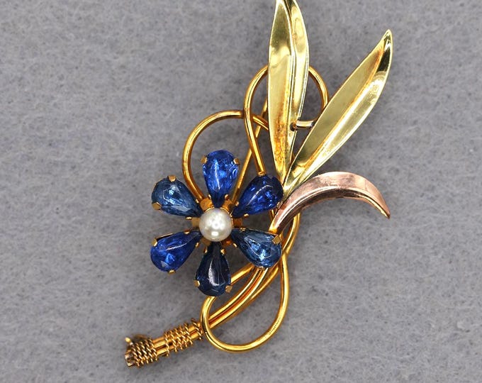 VINTAGE Van Dell 12K Gold Filled Blue Rhinestone Flower Brooch