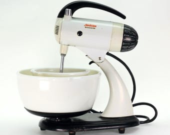 Restored 1950s Sunbeam Mixmaster: Vintage White & Black Stand Mixer with Milk Glass Bowls