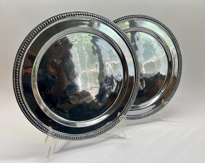VINTAGE Beaded Round Platter Pair- 16" Mexican Pewterware