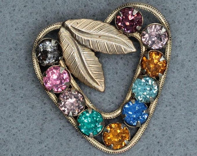 Vintage CARLA 12K Gold Filled Floral Brooch • Pastel Rhinestone Leaf Pin • Signed Mid Century Jewelry