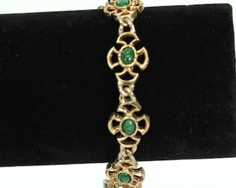 VINTAGE Avon Gold Tone Green Cabochon Bracelet • Faux Malachite Floral Link Bracelet • Signed Avon • 7.5 Inch Bracelet