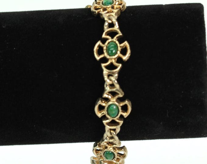 VINTAGE Avon Gold Tone Green Cabochon Bracelet • Faux Malachite Floral Link Bracelet • Signed Avon • 7.5 Inch Bracelet