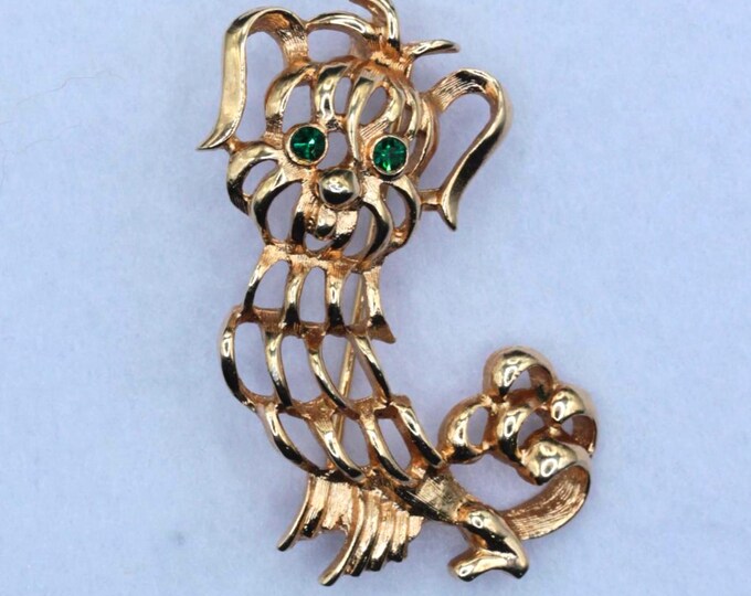 VINTAGE Avon Dog Brooch • Gold Tone Openwork Terrier Pin • Green Rhinestone Eyes • Figural Costume Jewelry