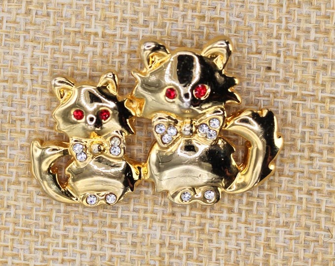 VINTAGE Gold Tone Momma Cat and Kitten Brooch with Rhinestone Bows