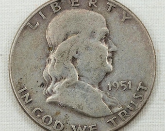VINTAGE 1951 Franklin Half Dollar .900 Silver Coin • 90% Silver • Benjamin Franklin