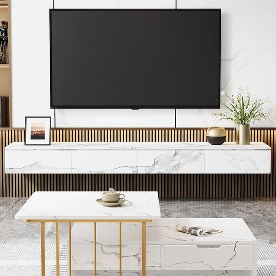 Floating TV Stand Marble Veneer Wallmount Media Console With Etsy