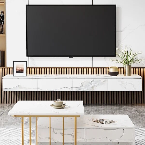 Floating TV Stand Marble Veneer Wallmount Media Console With Etsy