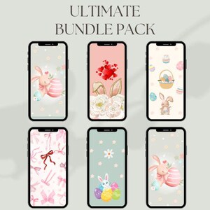 May include: Set of 8 phone wallpapers featuring cute bunny illustrations with Easter eggs, hearts, and floral designs. The wallpapers are in pink, white, blue, and grey colour schemes.