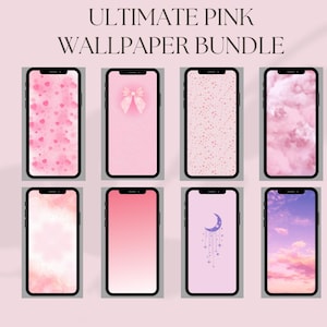 May include: A set of eight pink phone wallpapers featuring various designs, including hearts, clouds, a bow, and a crescent moon with stars.  The wallpapers are all in a soft, pastel pink color scheme.