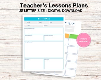 May include: Printable lesson plan template in US Letter size. The template has sections for grade, subject, topic, learning objectives, materials needed, activity summary, assessment, and homework. The template is in blue, orange, and green colors.