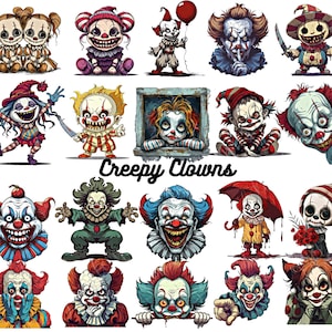 Pacote de clipart de palhaço assustador, Palhaço assustador PNG, Sublimação de Halloween de terror, Adesivos digitais assustadores, Arte circense assustadora, Imprimível gótico