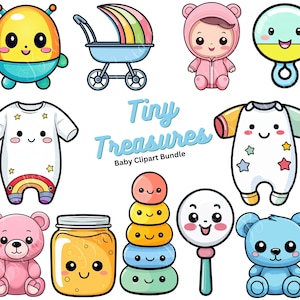 Pacchetto di clipart kawaii per neonati, PNG di neonati carini, clipart per baby shower, decorazioni per la cameretta dei bambini, adesivi digitali gender-neutral, grafica stampabile per neonati