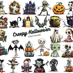 Clipart assustador de Halloween, Clipart assustador de outubro, Elementos de scrapbooking, Abóboras, Esqueletos, Fantasma, Imagens PNG, Download digital, 300 DPI