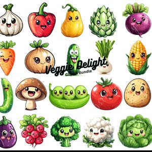 Kawaii Vegetable Clipart Bundle, Carine Verdure Kawaii, Immagini Veggie, Clipart Cibo Carino, Download Istantaneo, Licenza Commerciale 300 DPI PNG