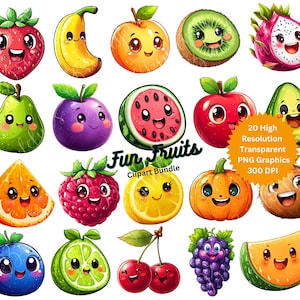 Kawaii Fruit Clipart Bundle, Immagini PNG di frutta carina per progetti fai da te, fragola, uva, arancia, banana, limone, 300 DPI, licenza commerciale