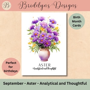 Tarjeta floral del mes de nacimiento, tarjeta de cumpleaños con aster de septiembre, tarjeta imprimible con la flor del mes, tarjeta con la flor del nacimiento para ella, descarga digital en formato PDF