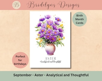 Floral Birth Month Card, September Aster Birthday Card, Printable Flower of the Month Card, Birth Month Card for Her, Digital Download PDF