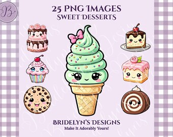 Kawaii Dessert Clipart Bundle, Sweet Desserts, Ice Cream, Cupcake Cute PNG Set for Stickers, Cards, Scrapbooking, DIY & Crafts