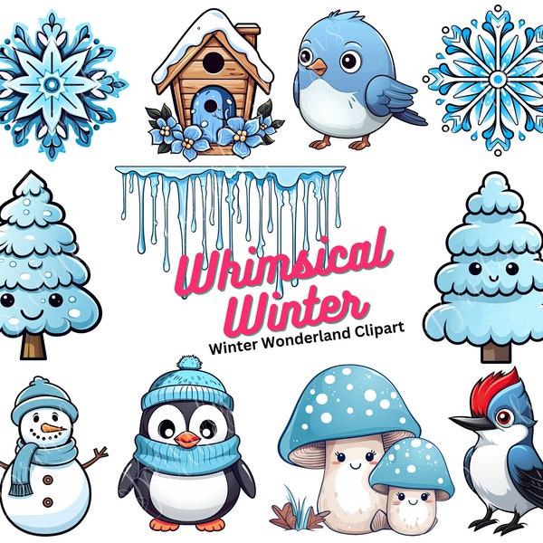 Cute Winter Clipart Bundle, Kawaii Snowy Images, Adorable Frosty Designs, Sweet Winter Clipart, Instant Download, 300 DPI Transparent PNG
