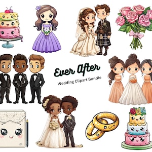 Chibi bruiloft clipartbundel, schattige bruid en bruidegom png, bloemenboeket illustraties, bruidsfeest, bruidstaart, afdrukbare digitale stickers