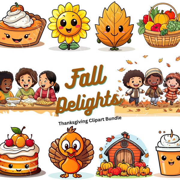 Cute Thanksgiving Clipart, Kawaii Fall Clipart, Adorable Turkey Graphics, Sweet Autumn Digital Images, DIY Crafts, Instant Download, 300 DPI