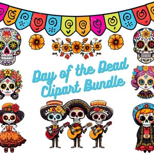 Süße Tag der Toten Clipart Bundle, Kawaii Dia de los Muertos Bilder, bunte mexikanische Grafiken, sofortiger digitaler Download, 300 DPI PNG
